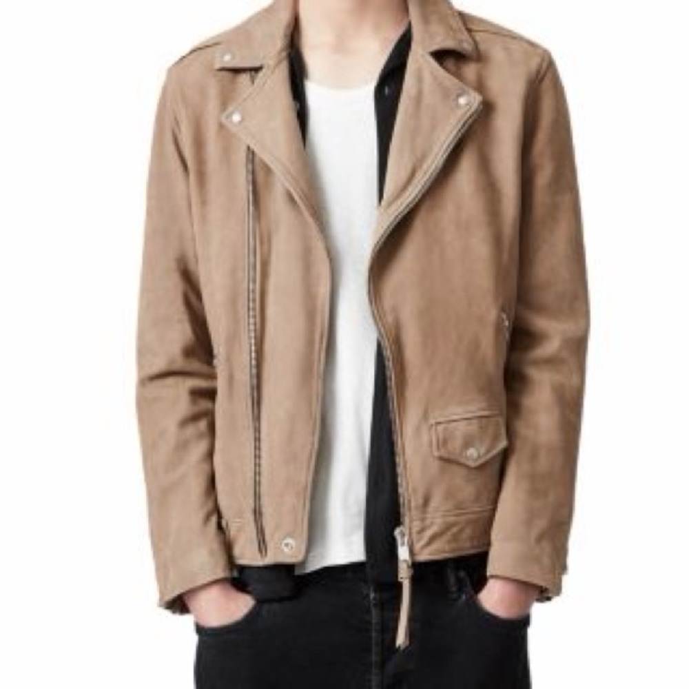 AllSaints Milo Suede Motorcycle Jacket in Mushroom Brown